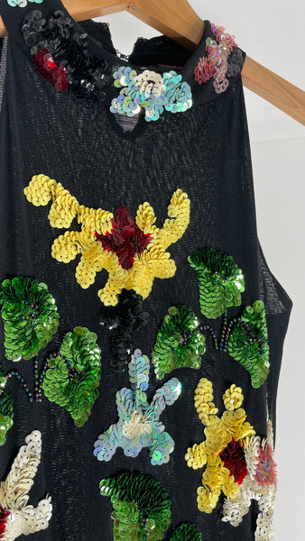 Sequin Flowers Black Top M