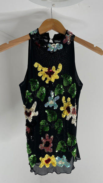 Sequin Flowers Black Top M