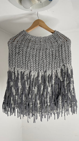 Grey Fringe Knit Shawl O/S