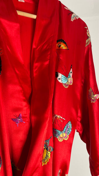 Red Butterfly Silk Robe M