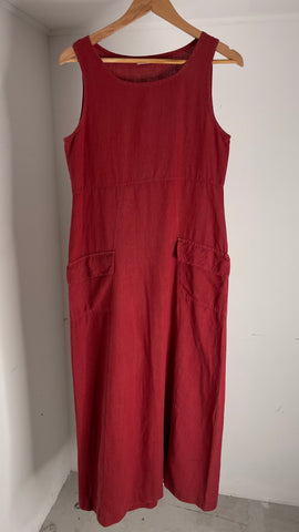 Red Linen Pocket Dress M